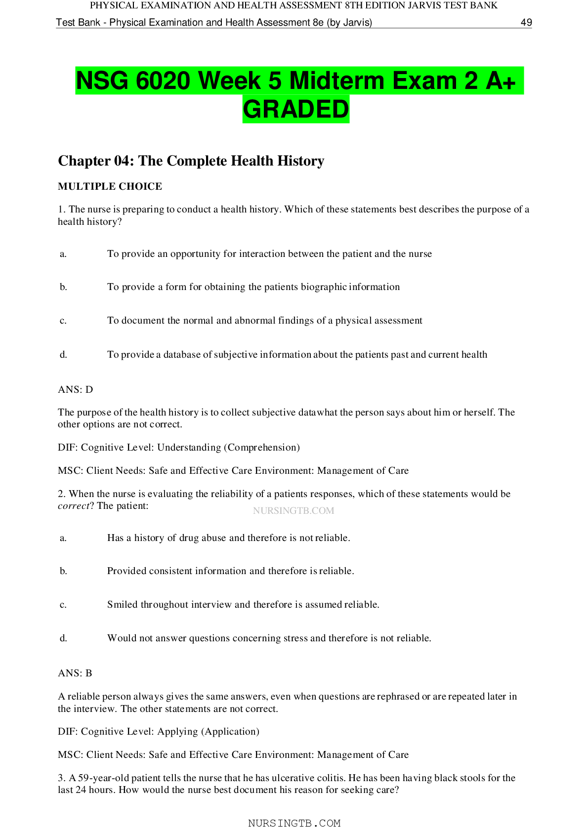 Preview image for NSG 6020 Week 5 Midterm Exam 2 A+ GRADED